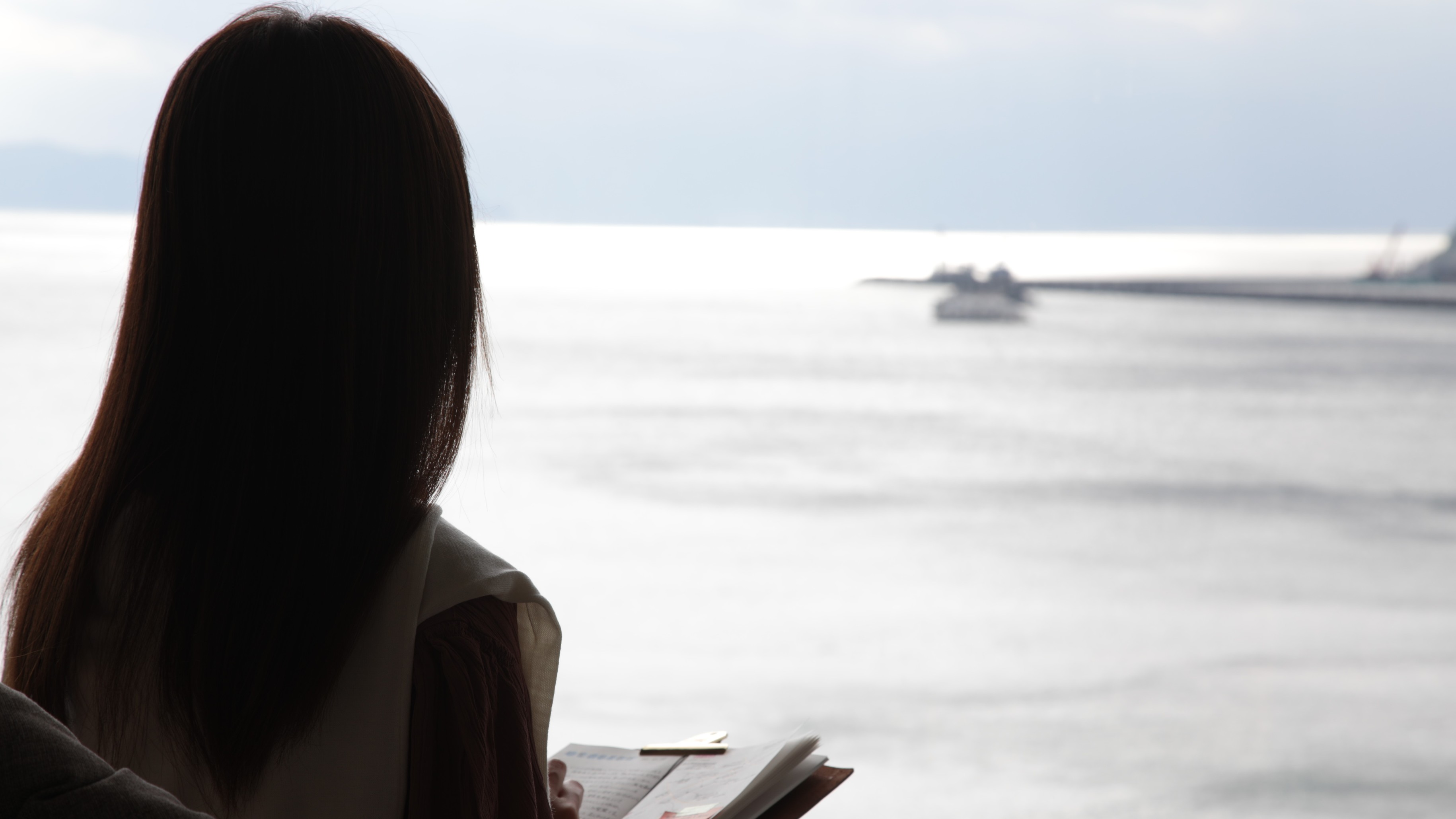 【ロビーでぼ~っと】私だけの時間。目の前の錦江湾を眺めながら今日一日を振り返る。