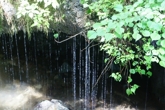 【神庭の滝】玉垂れの滝です。草葺き 屋根から落ちる雨垂れに似た奇観がとても美しい滝です。