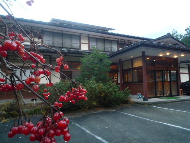 真っ赤に染まった潅木と玄関