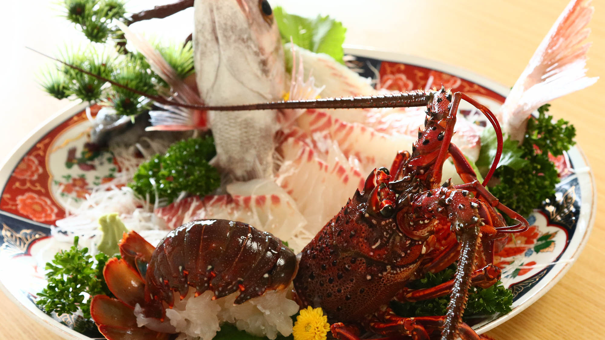 料理一例伊勢海老をお造りと島の鮮魚の豪華競演