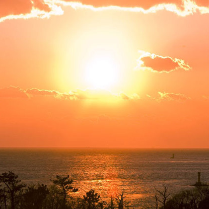 客室と露天から望む夕日