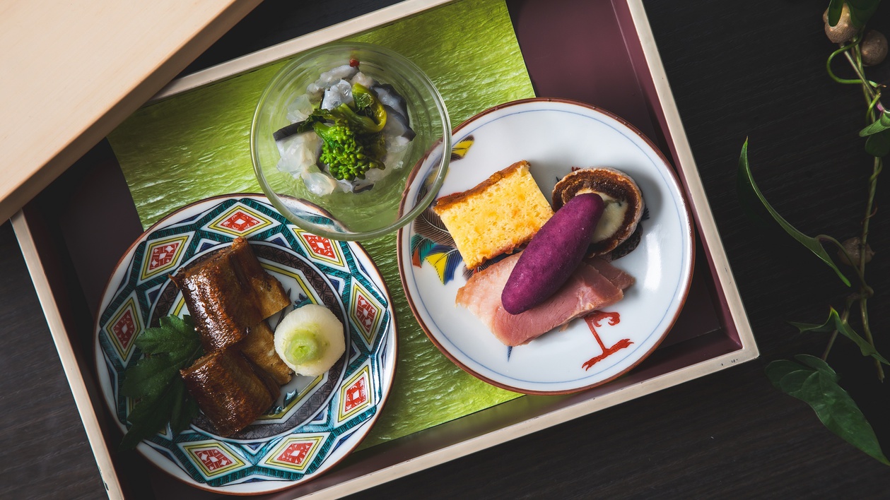 【美湖膳】2025冬献立《前菜》美菜玉手箱鮎甘露煮 姫蕪他