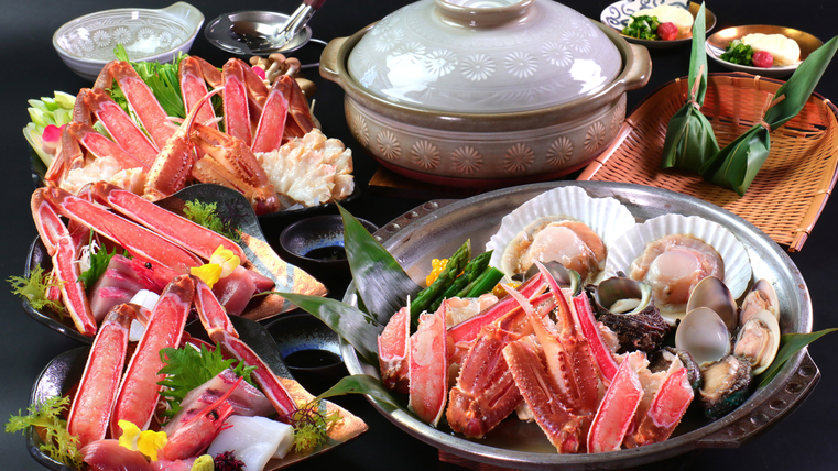 【鮑・蟹海鮮焼き&カニスキコース】当館人気の海鮮焼きに冬季は蟹も蟹刺し、蟹すき等