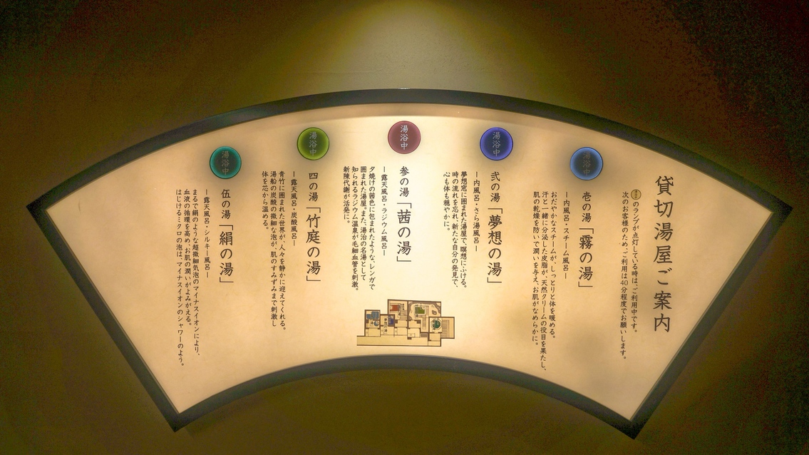 【貸切風呂】入口前の電光掲示板で空き状況をご確認いただけます。