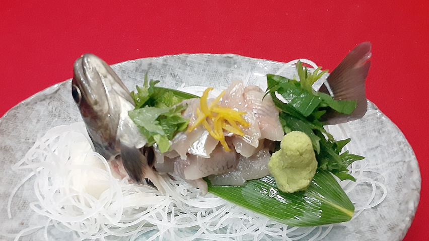 *新鮮な岩魚のお造り。生簀で泳いでいる岩魚を仕入れて、お造りしています。