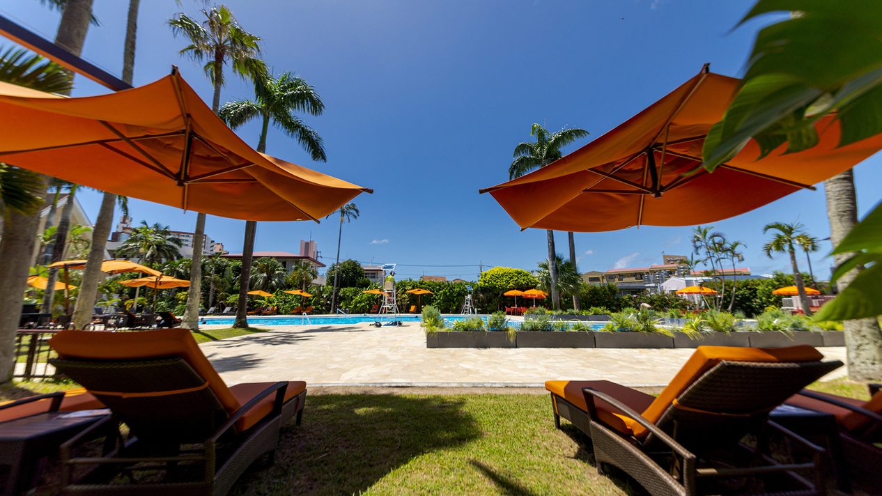 【夏季ガーデンプール】椰子の木と緑に囲まれた、那覇市内最大級の屋外プール！