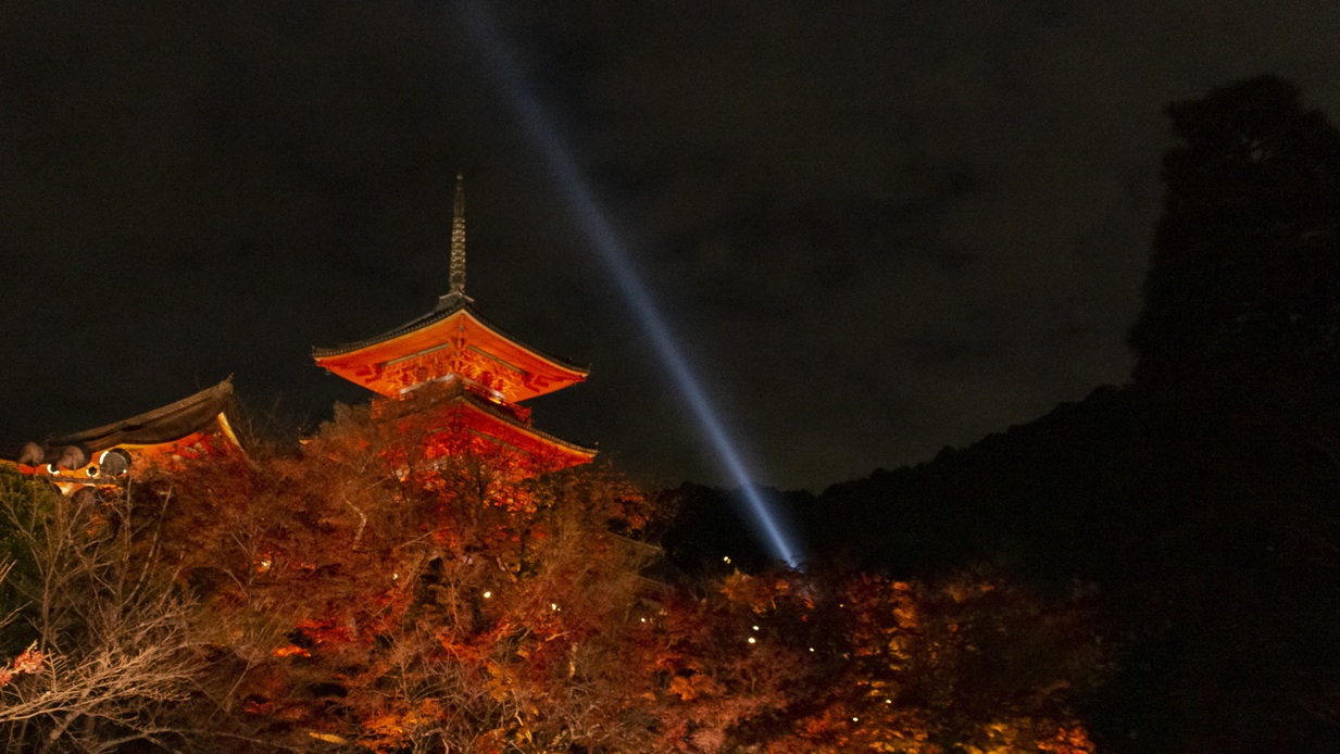 紅葉の頃、ライトアップされた清水寺三重塔