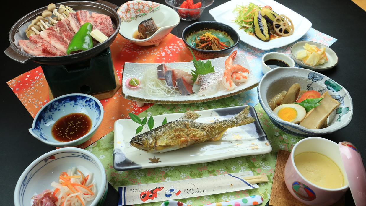 #【グレードアップ】自慢の川魚の塩焼きと国産牛の陶板焼き