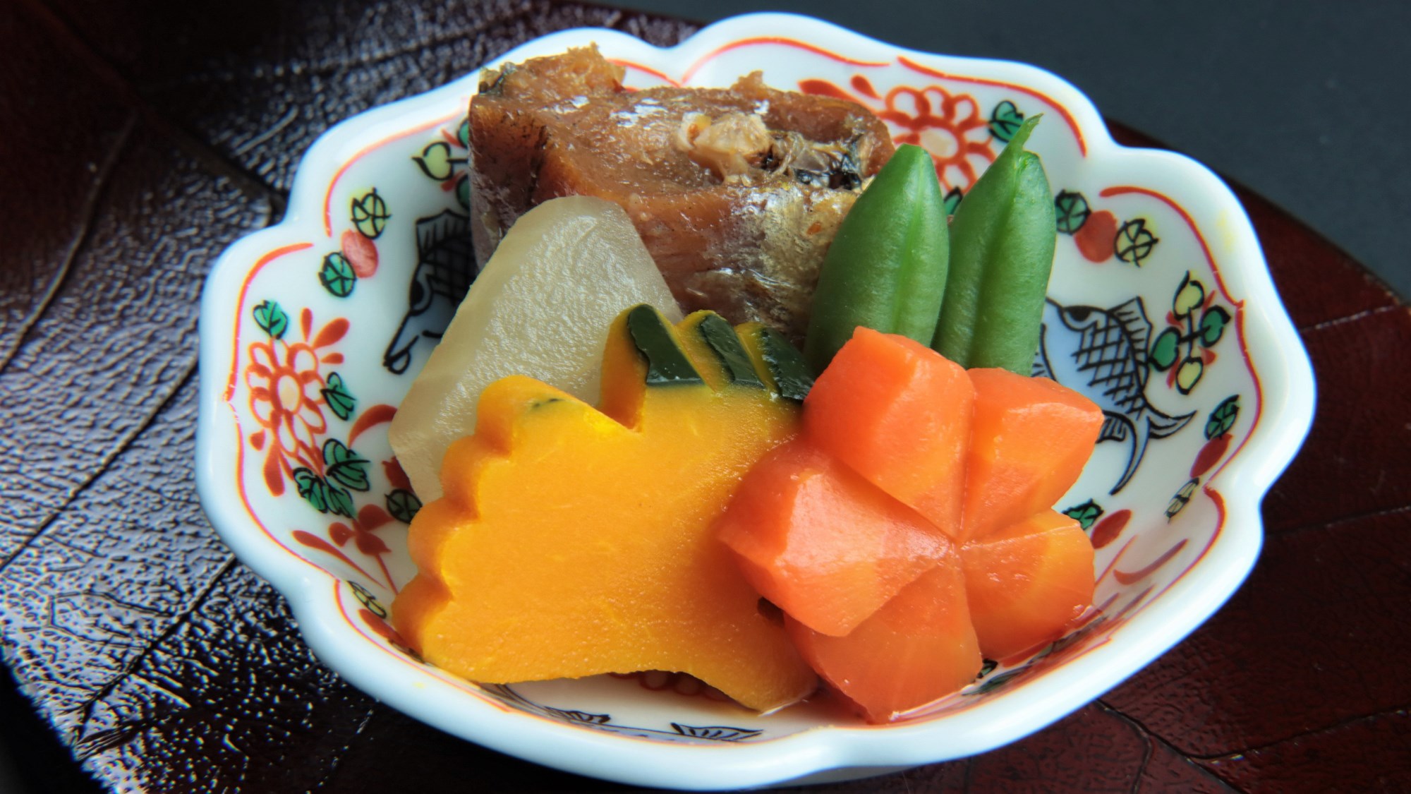 朝食棒だら・インゲン・大根・人参・かぼちゃの炊合わせ