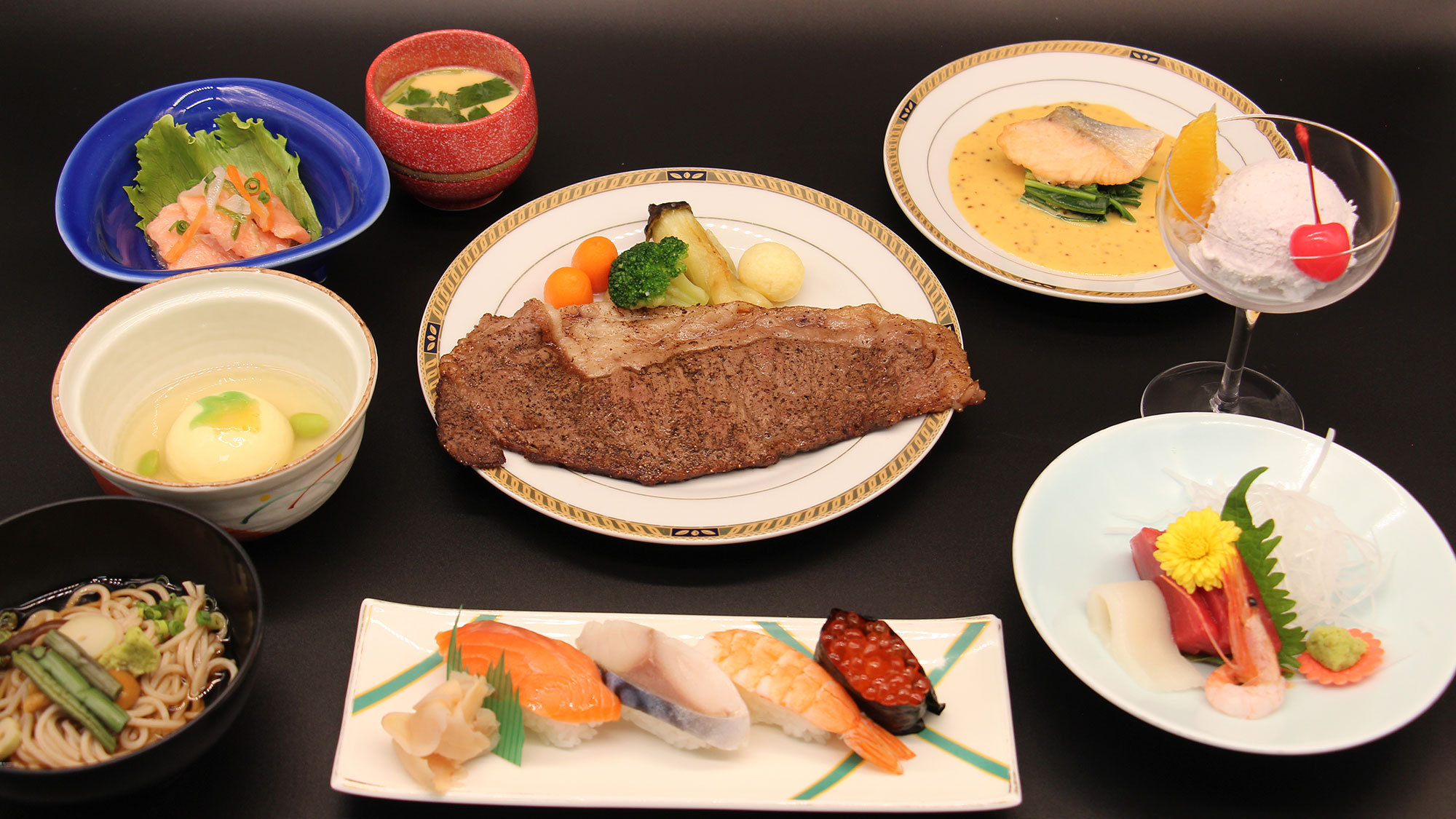 *【夕食例／秋田和牛プラン】ボリュームたっぷりの和牛ステーキがメイン♪※写真は一例です。