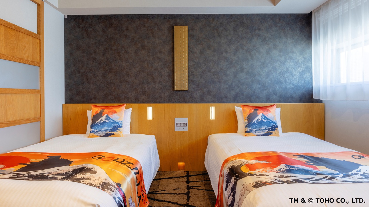 【最上階ゴジラフロア・ツインルーム一例】バス・トイレ別／広さ24平米／ベッド幅120cm／Wi-Fi