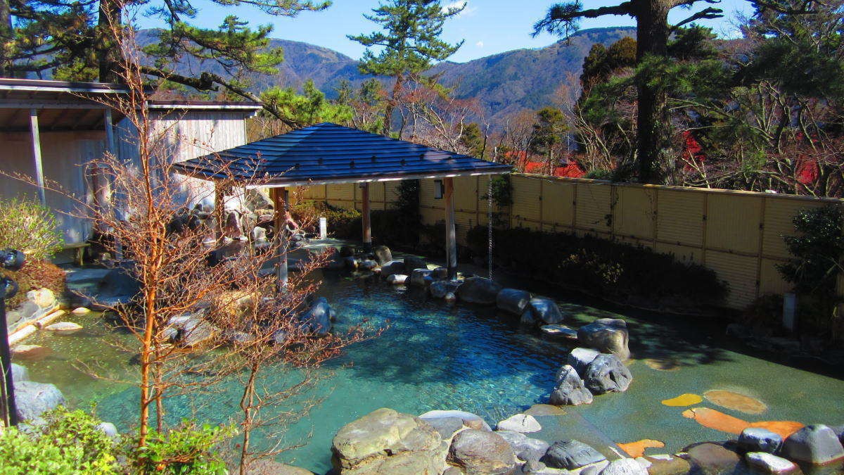 【ユネッサン】「森の湯」の露天風呂では箱根外輪山の絶景を楽しめます。