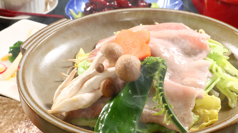 【夕食一例】陶板焼き〜国産豚と旬の野菜〜ポン酢でお召し上がりください