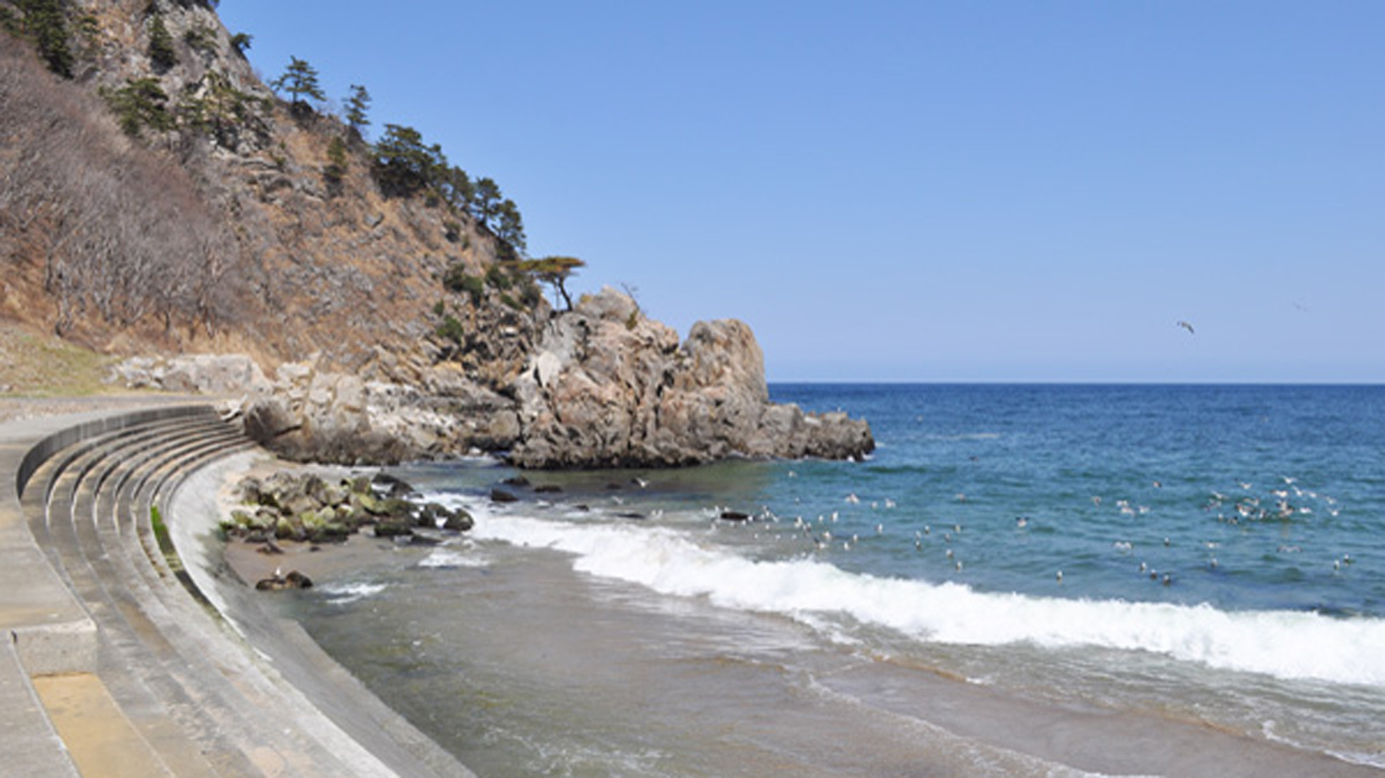 【普代浜】周囲の荒々しい岩場の眺めとのコントラストが美しい海水浴場。当館より車で約10分。