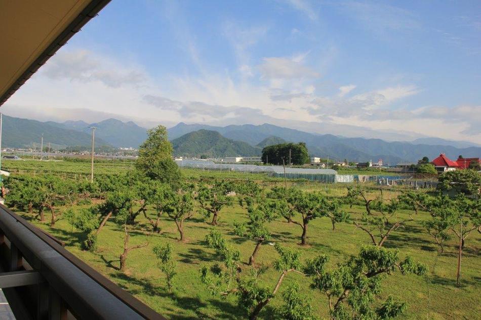 お部屋の眺望（一例：ツイン）窓の外には、くだもの畑や志賀の山並みの眺望。信州らしい長閑な景色です。