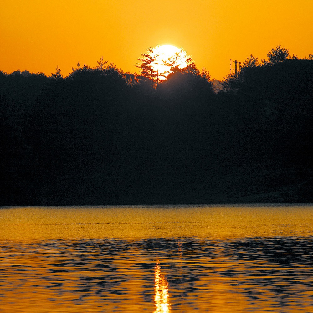 湖から覗く夕日