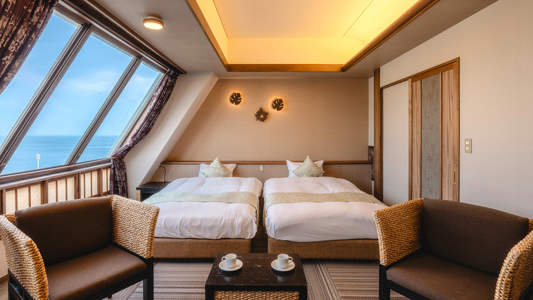 【海眺望-ハイフロアセミダブルツイン／禁煙】高層階ならではの海景とともに落ち着いた休息を。