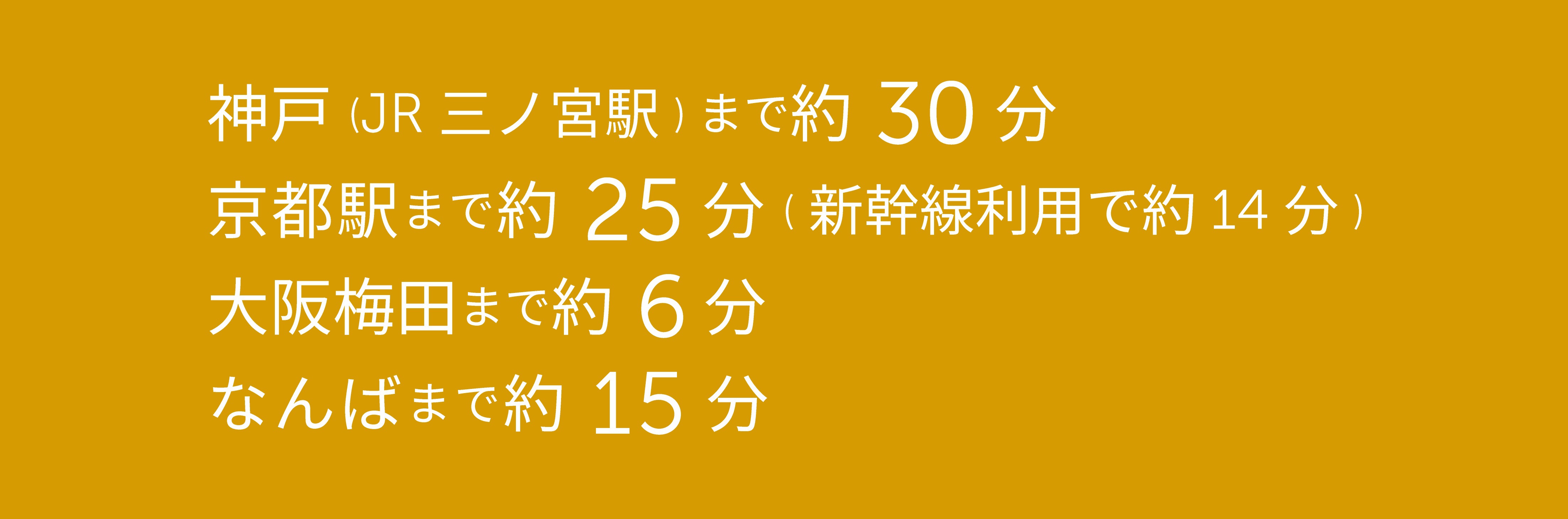 神戸（JR三ノ宮駅）まで29分、京都駅まで24分（新幹線利用で14分）、梅田まで6分、なんばまで15分