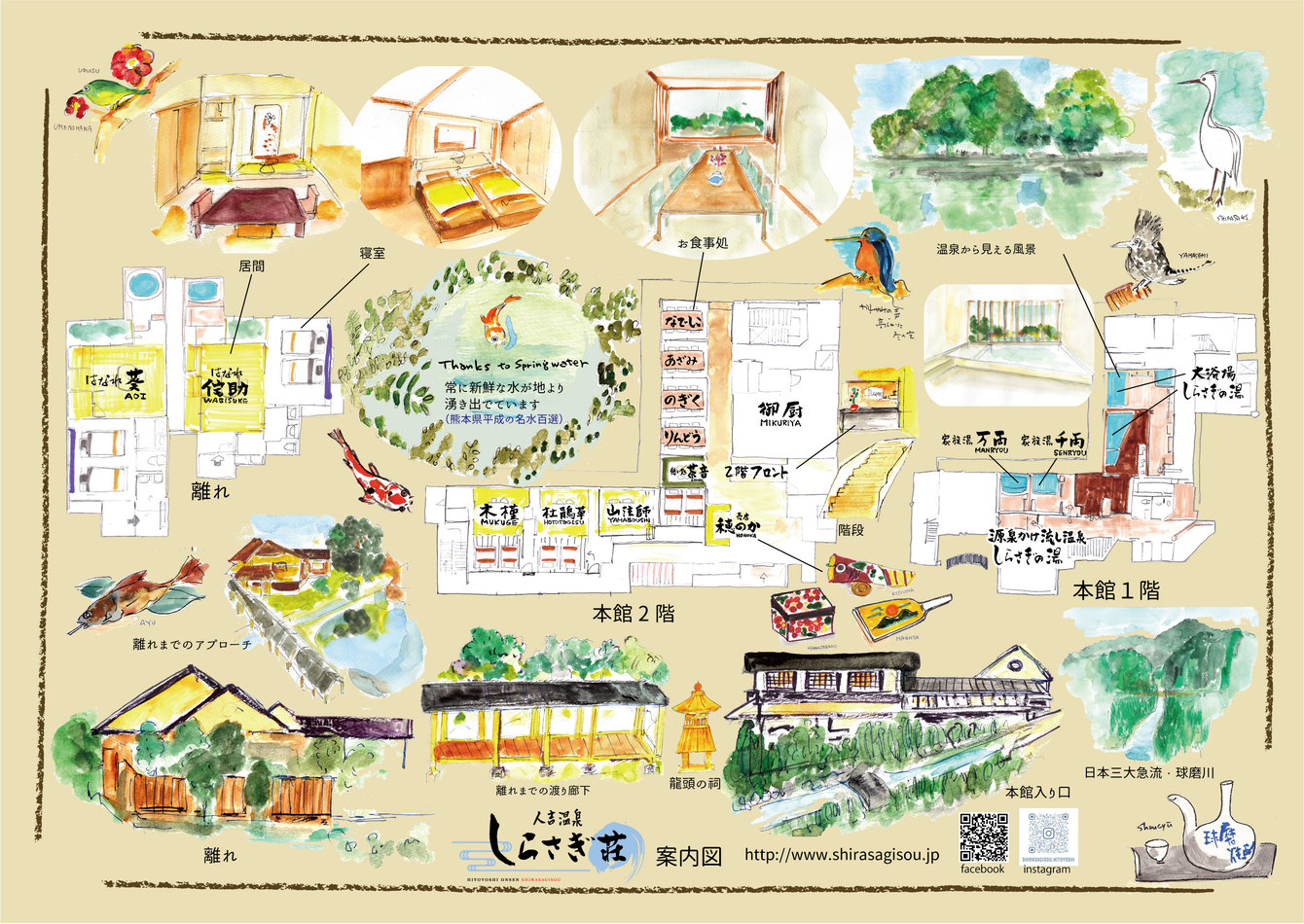 名水百選の湧水池を囲むように本館と離れが点在。渡り廊下からは湧水を一望出来ます