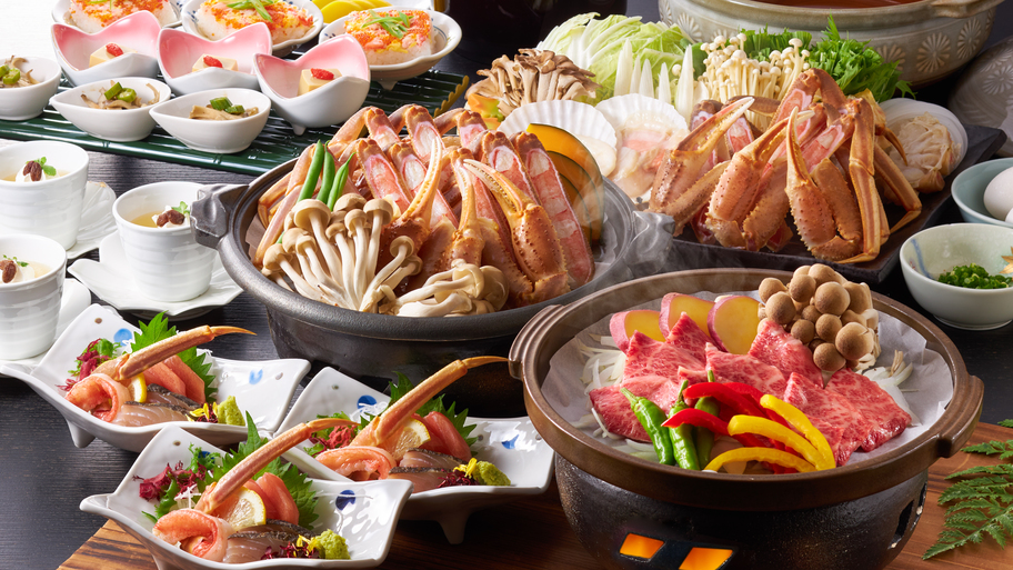 【蟹1.5杯ｘ但馬牛コース】但馬牛も松葉ガニもお楽しみ頂けるプラン♪※写真は３人分です。