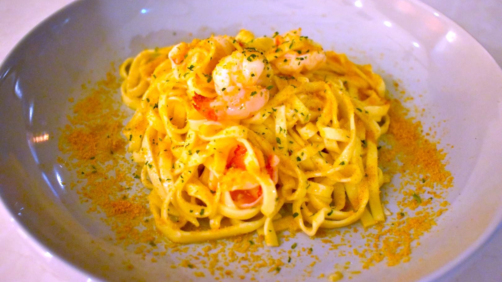 【ポンテヌオーヴォカフェ夕食】タリオリーニ海老のペペロンチーノカラスミ添え