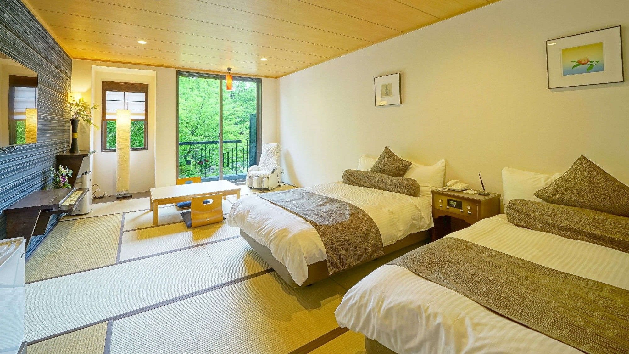 【和モダンツイン】和室にベッドを合わせた38平米のお部屋でゆったりとお過ごしください。