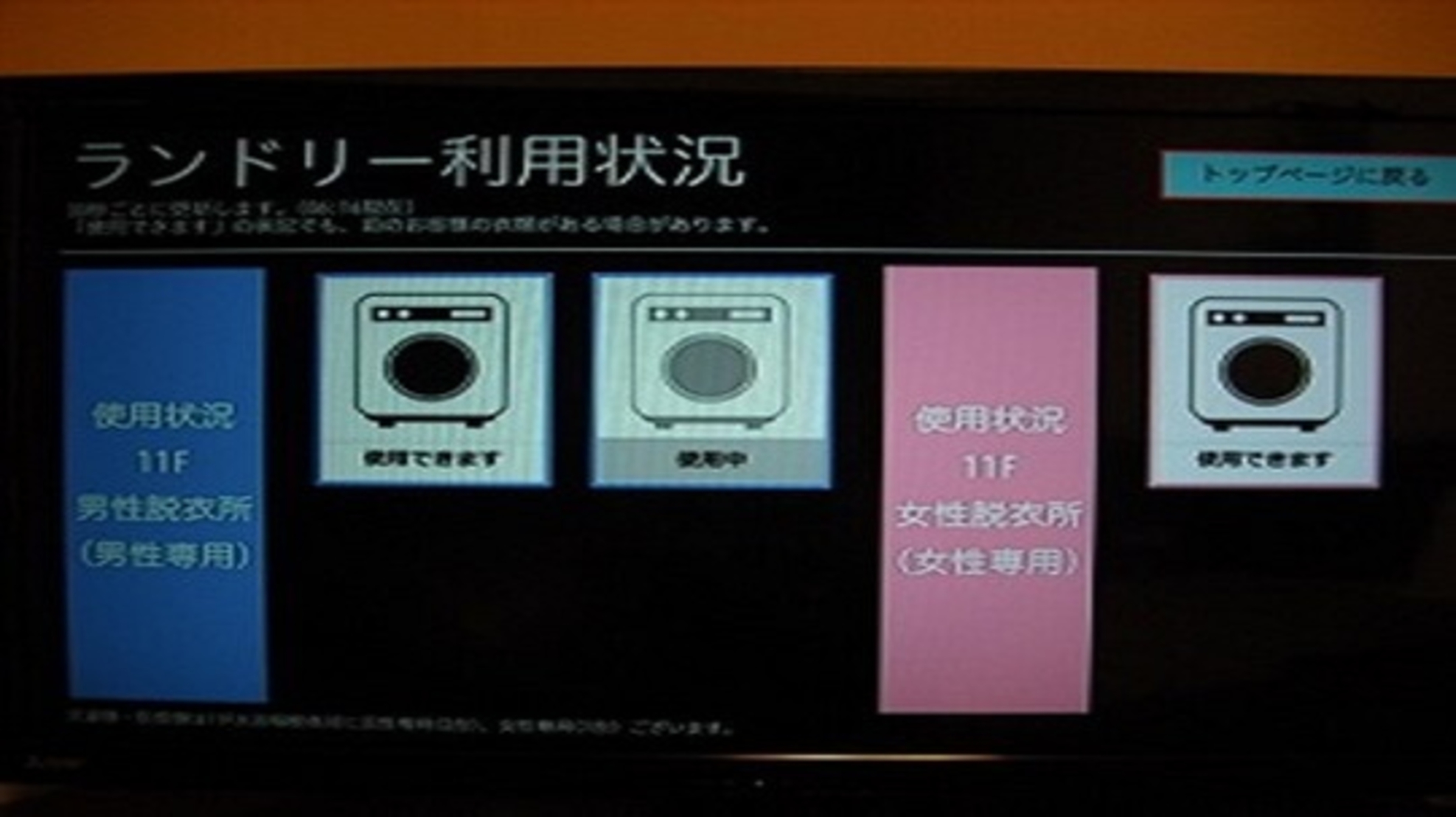 【客室設備】混雑表示システム（客室TVにてランドリー使用状況を確認できます）
