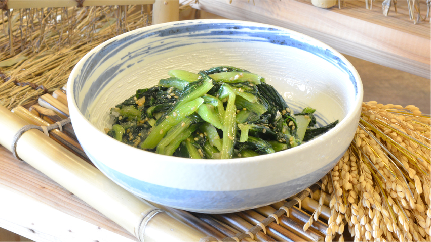 【朝食】元気ナムルと茨城小松菜の和え物。日によってメニュー内容は異なります。