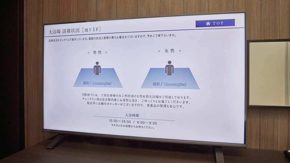 お部屋のテレビでは、朝食会場や大浴場の混雑状況を確認できます。