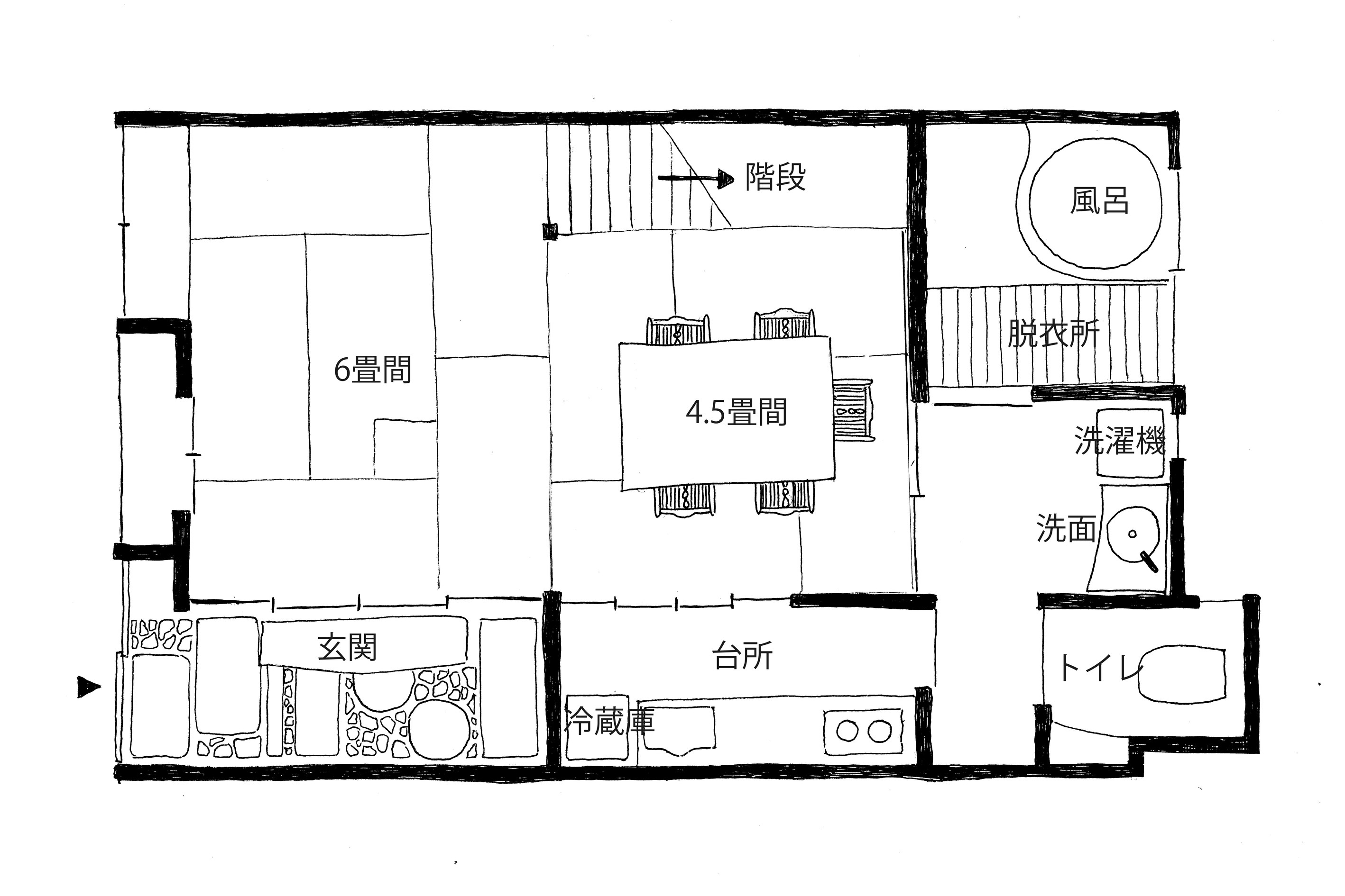 【1階】1階には10.5帖の居間、台所、トイレ、お風呂がございます。1階にて就寝頂くことも可能です
