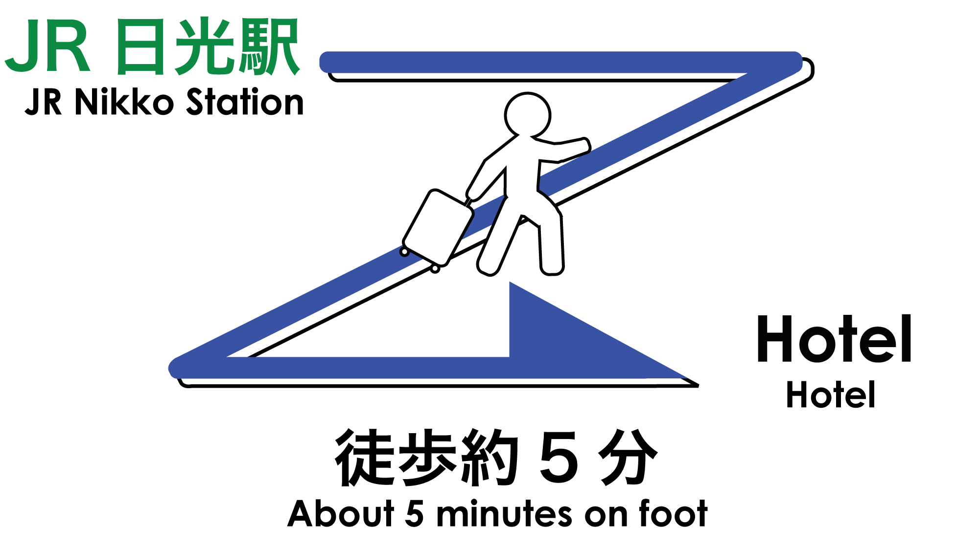 JR日光駅⇒;ホテルまでのご案内。徒歩約5分です。