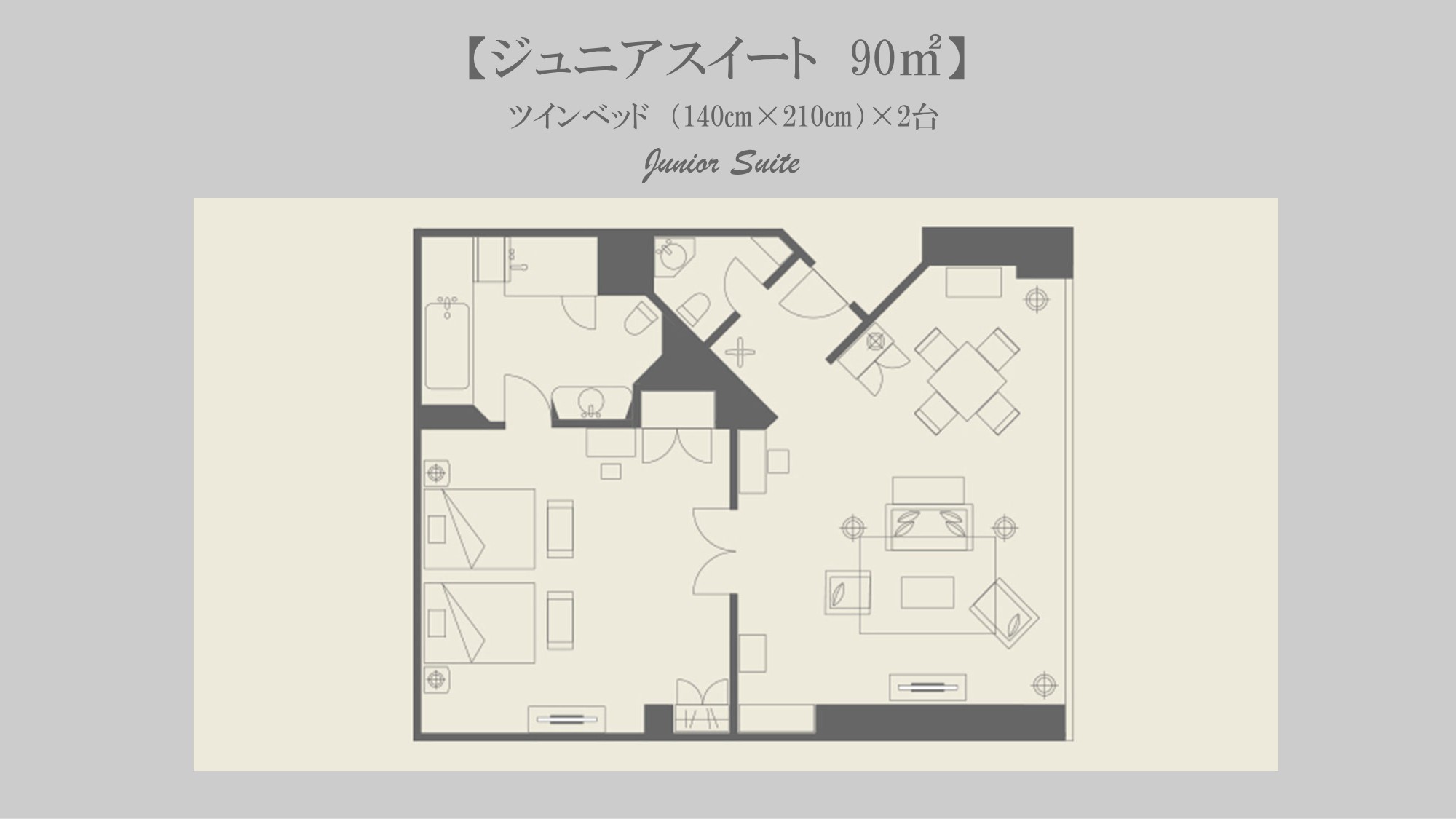 Junior Suite Twin｜91〜103平米｜ダブルベッド2台幅140×;210センチ