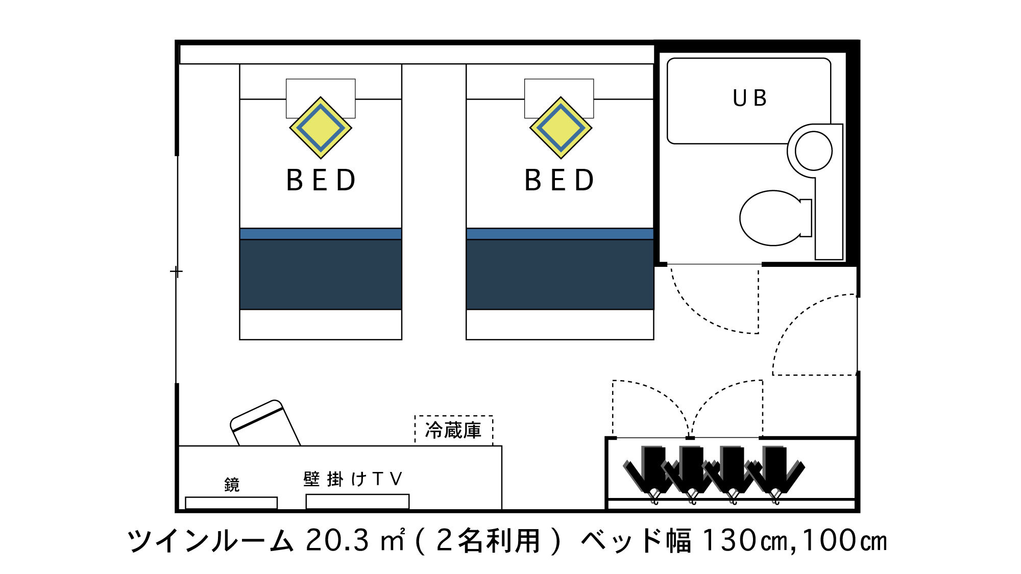 ツイン【セミダブル＋シングルベッド】20平米