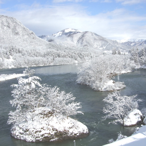 大河に浮かぶ小島冬の景色