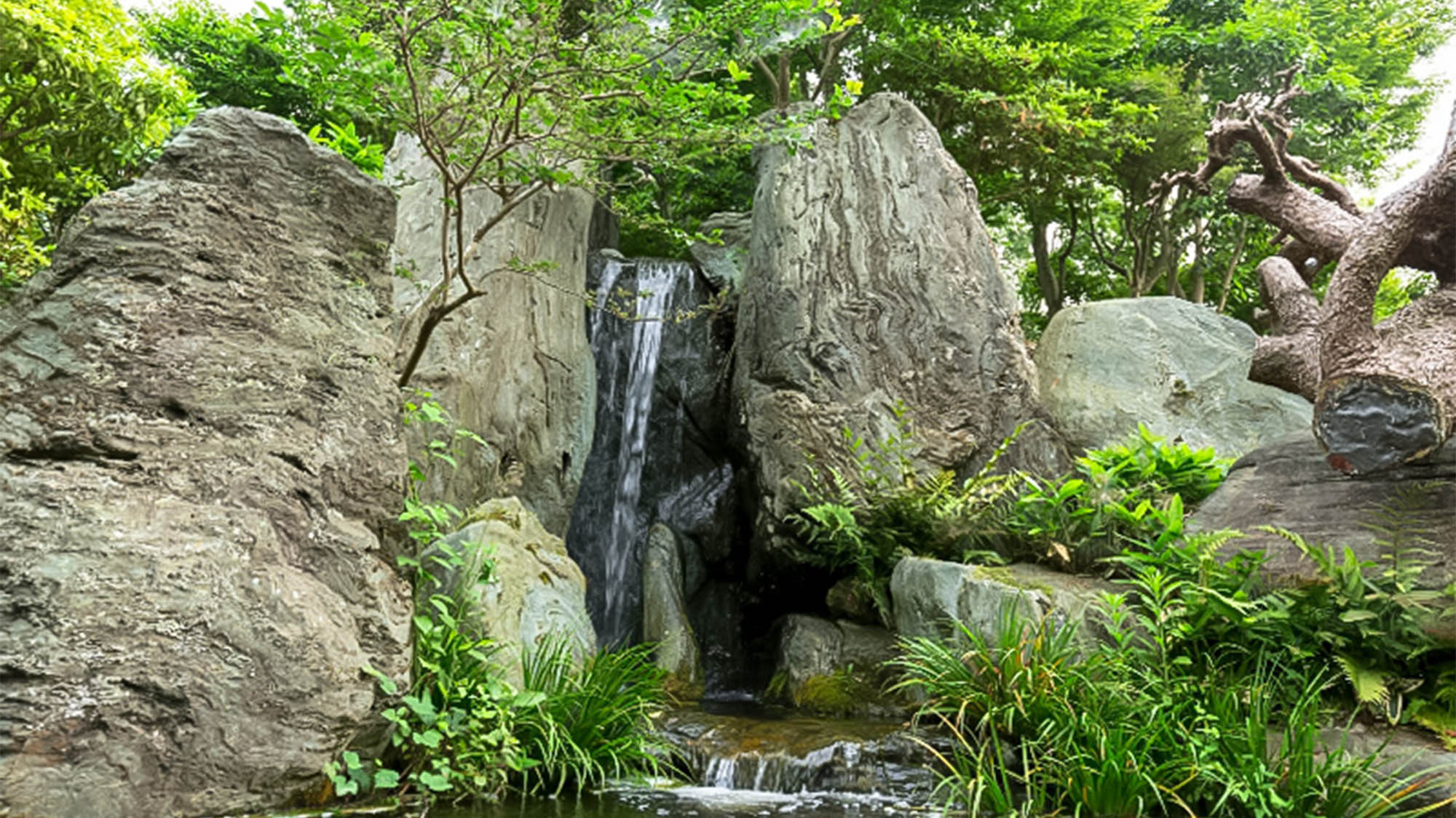 ・日本庭園に流れ落ちる滝