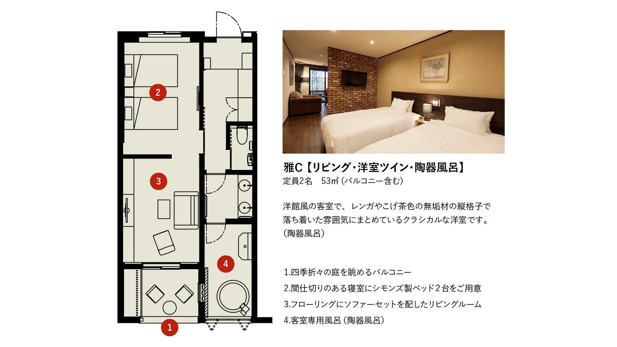 【陶器風呂＋テラス付き】リビング&ツインルーム間取り図