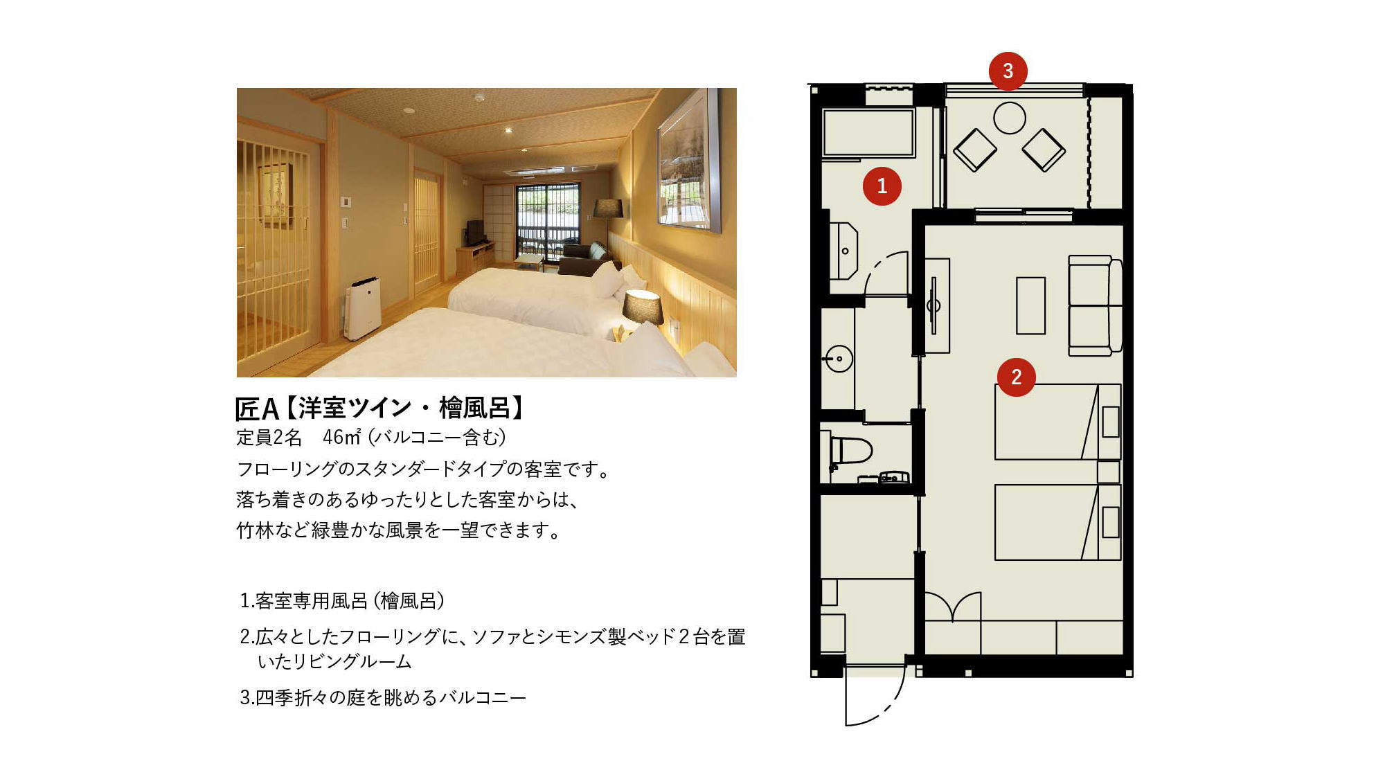 【檜風呂＋テラス付き】スタンダード洋室ツイン間取り図