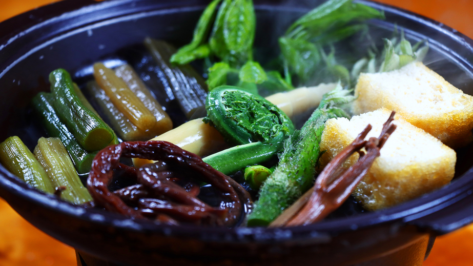 ＃【夕食一例】山菜たっぷり陶板焼き