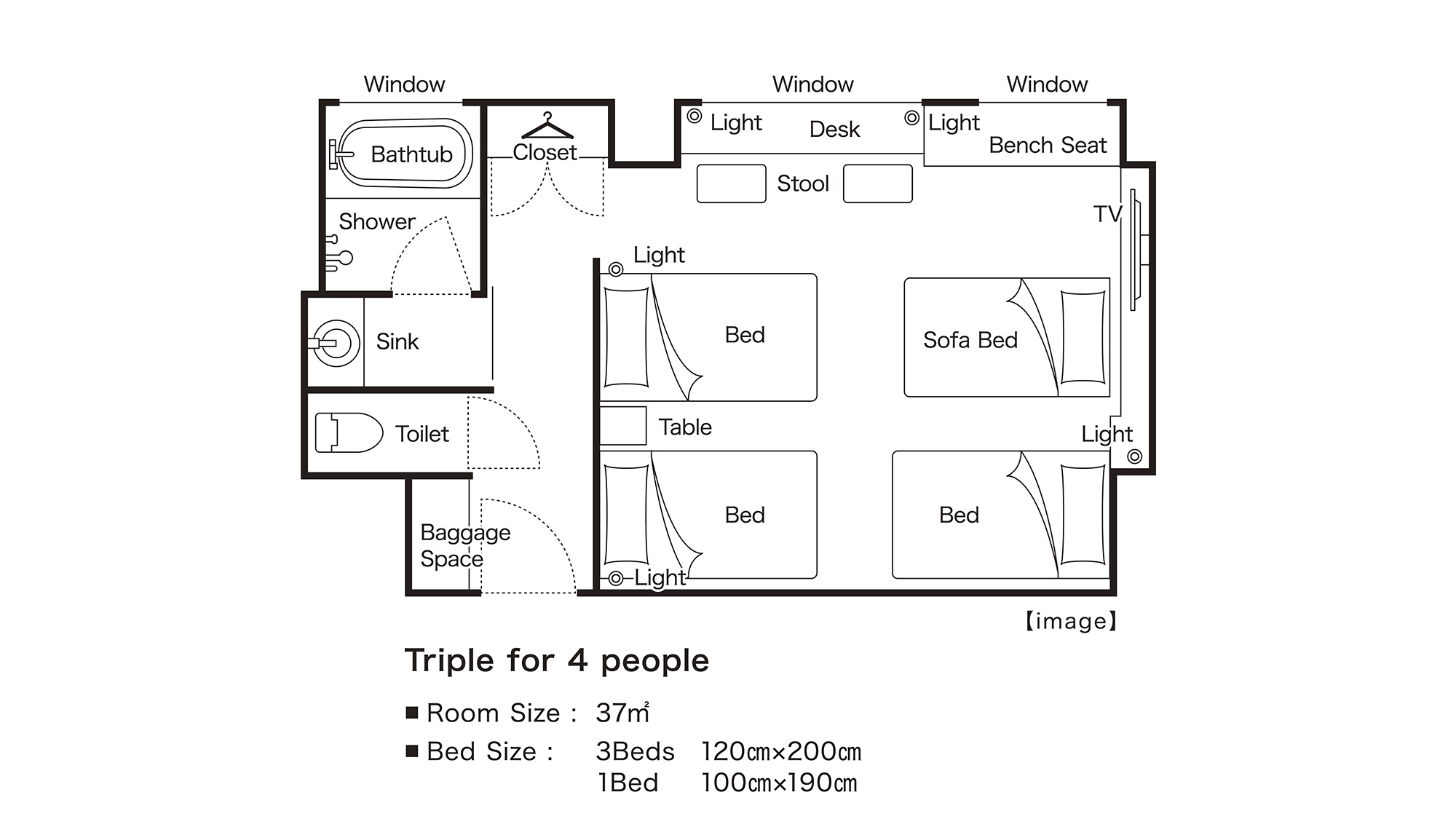 【37平米】トリプル4名様利用平面図イメージ