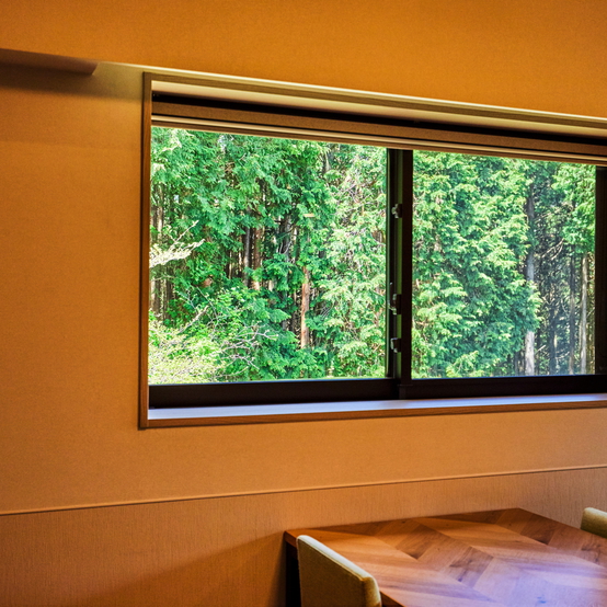 【デラックスルーム（定員4名）】窓から緑がのぞく明るいお部屋