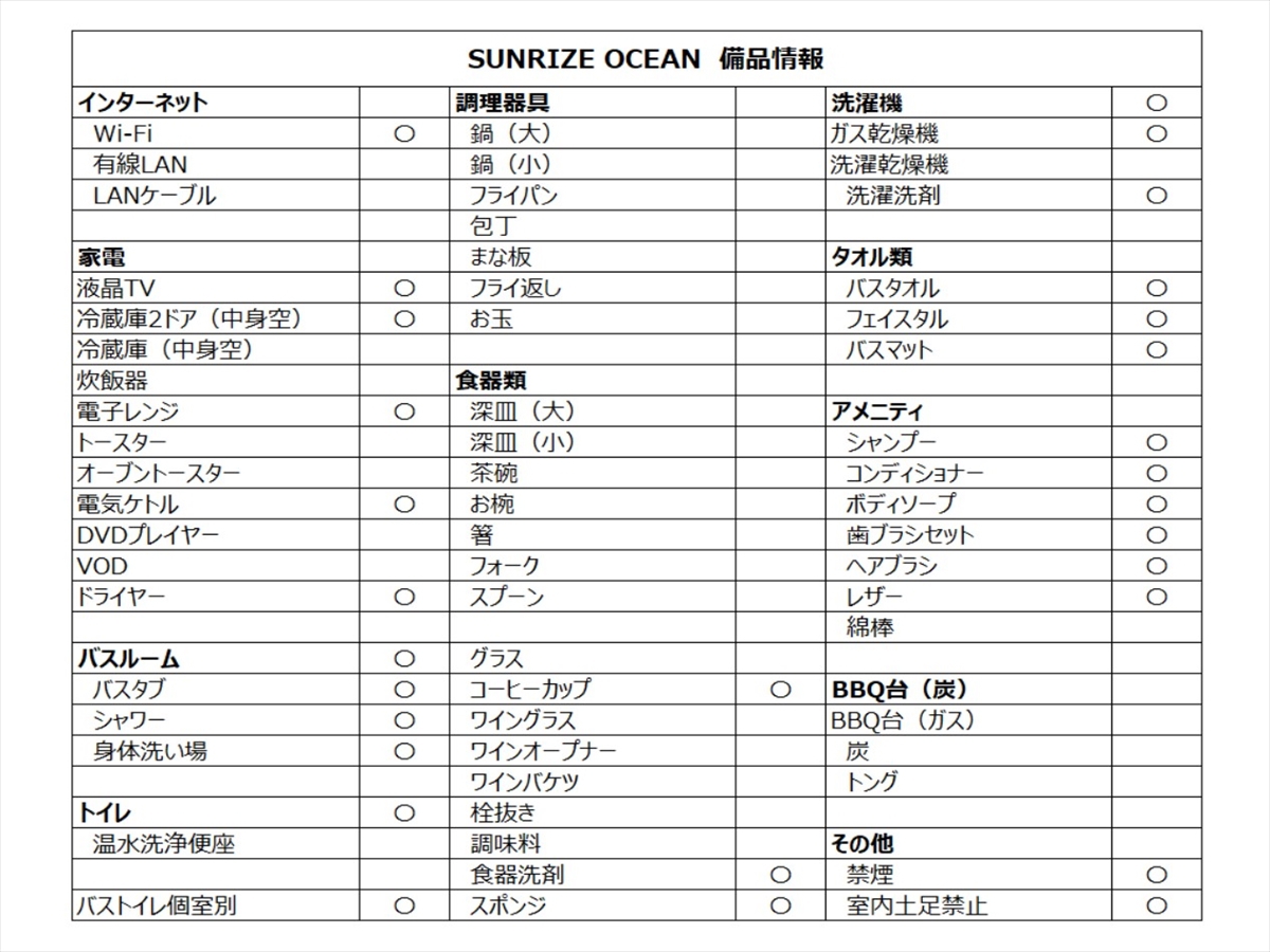 SUNRIZE・OCEAN備品リスト