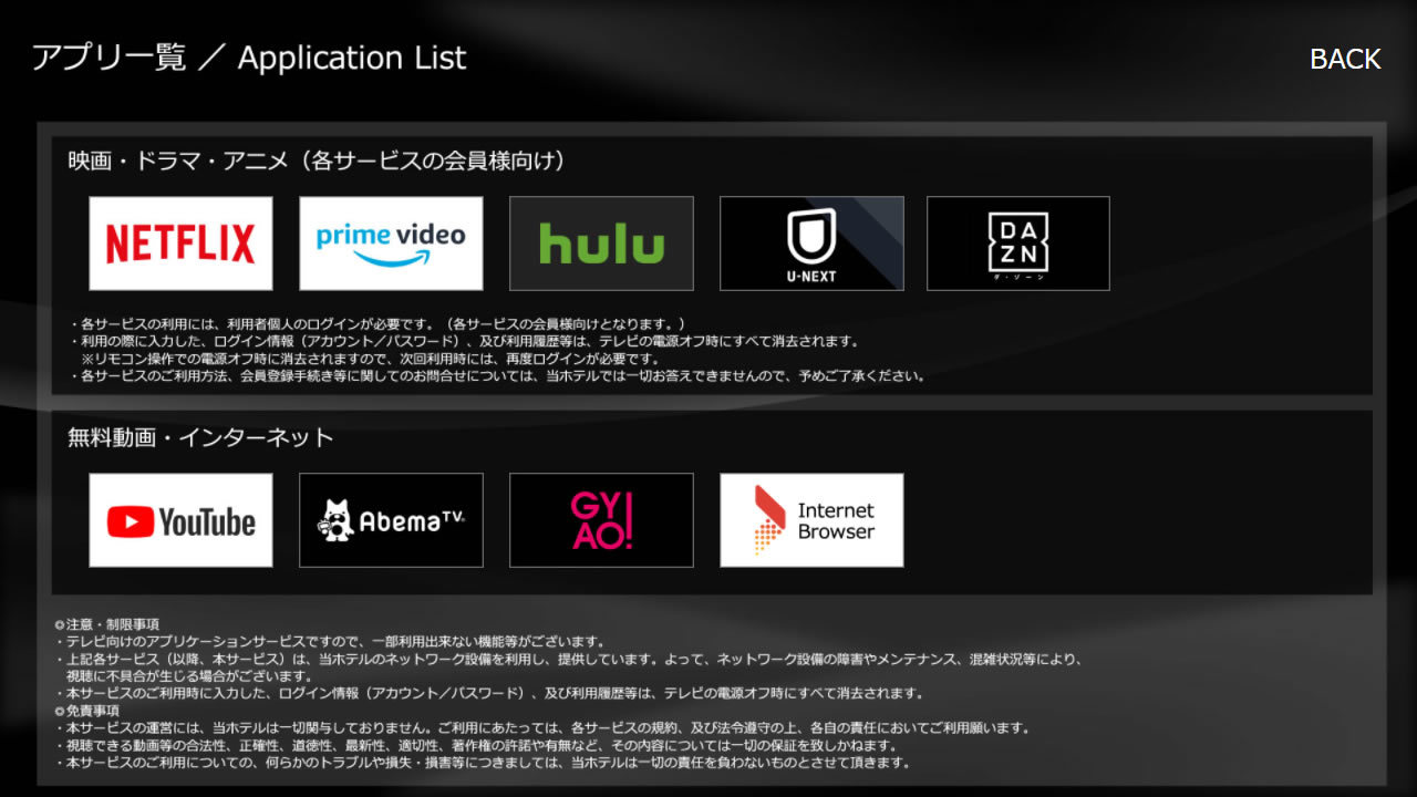 客室内テレビアプリー一覧