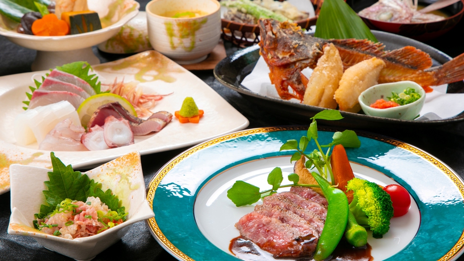 【ご夕食】五島牛ステーキと新鮮魚介五島の旨みたっぷりプラン一例
