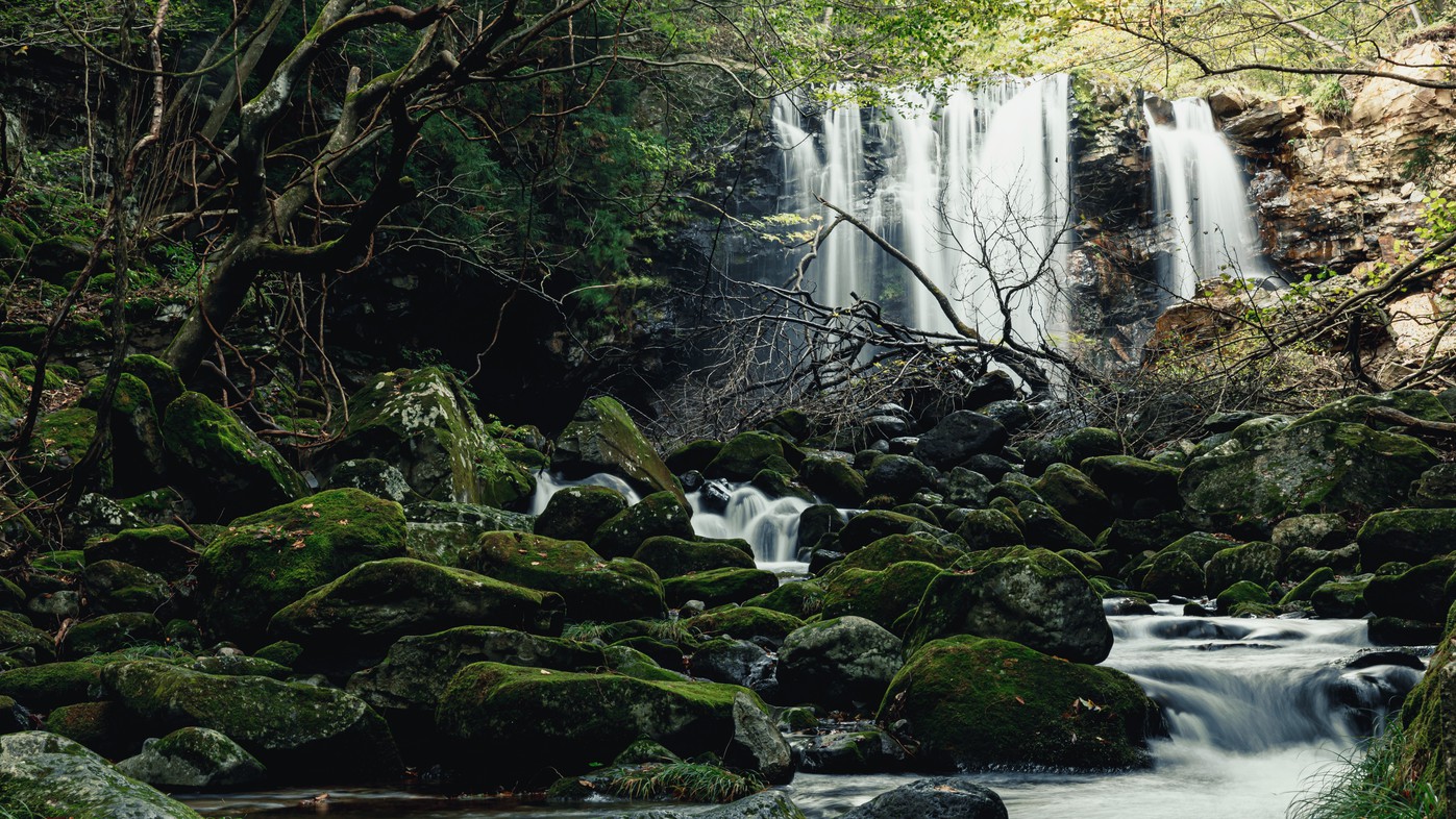 乙女の滝（ホテルから車で1時間）：白笹山から流れる沢名川にある幅約５m、落差約10数mの滝