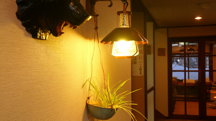 館内ランプの灯りが温かく照らす、落ち着いた館内。