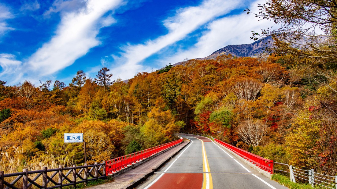 【周辺】通称「赤い橋」でおなじみ「東沢大橋」秋は燃え立つ山々の紅葉が素晴らしい！