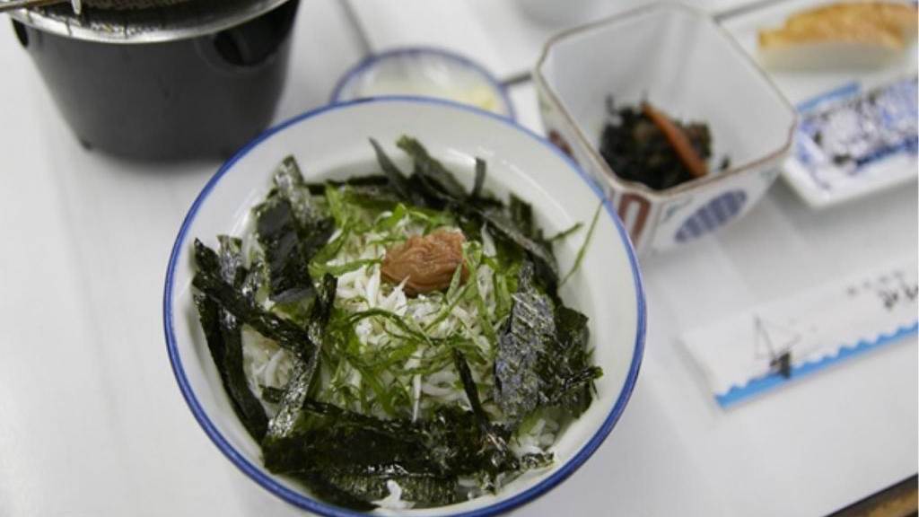 釜揚げした真っ白ふわふわの「わかしらす」と、和歌浦産の海苔・紀州南高梅の梅干し「勝喜梅」のどんぶり