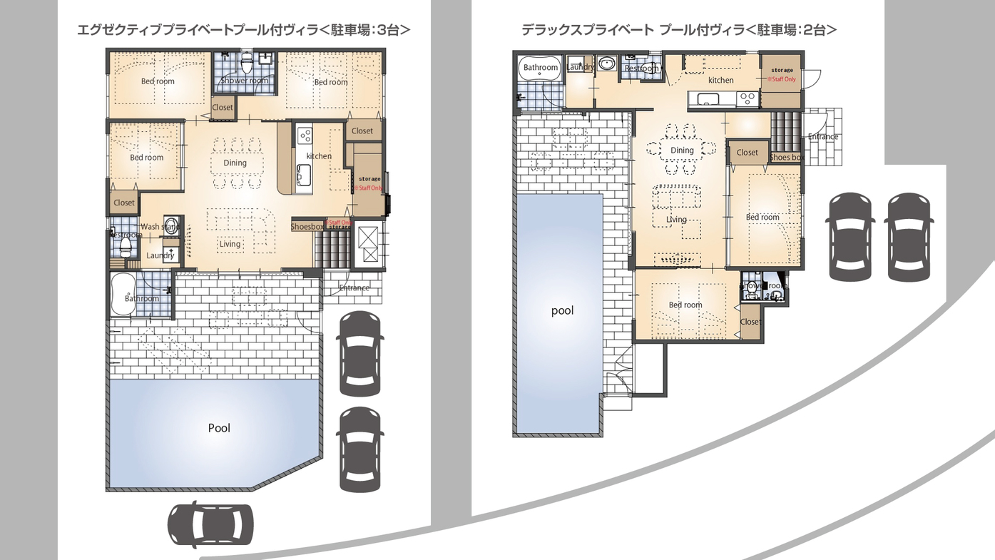 【間取り図】各客室ごとに2〜3台無料で駐車場をご利用いただけます。