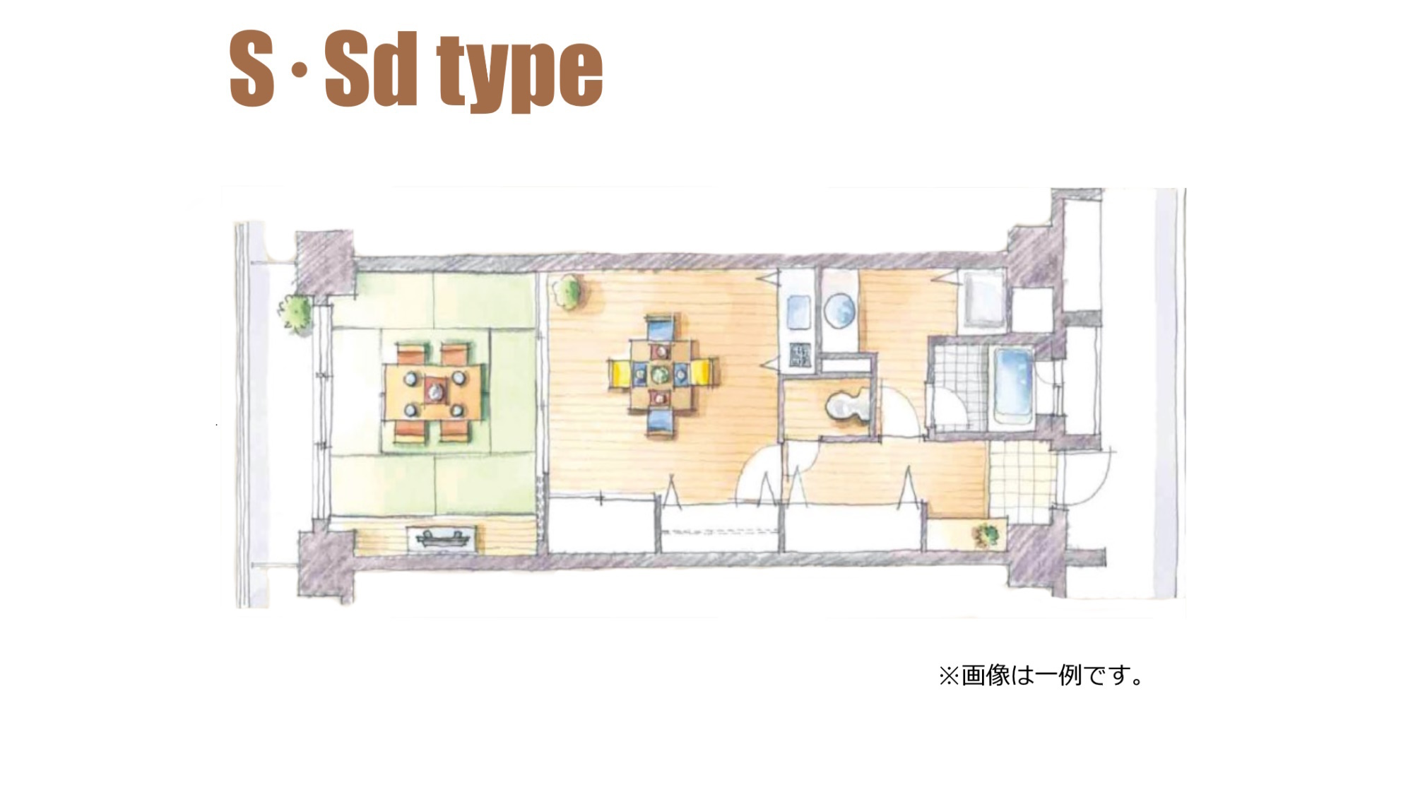 【S・Sdタイプ間取り一例】1LDK・最大4名までご宿泊可能な客室（間取り・階数ご指定不可）