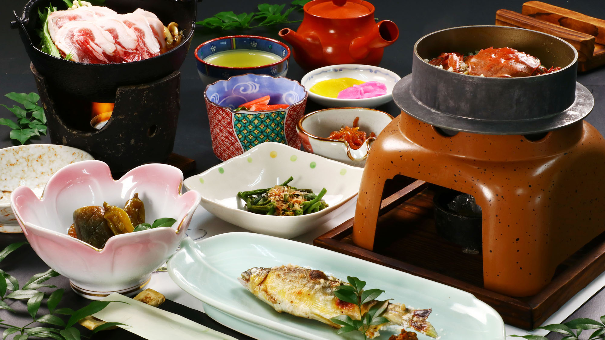 お食事おまかせコースの一例※9月〜2月はズガニ釜飯、6月〜9月はアユ釜飯になります*